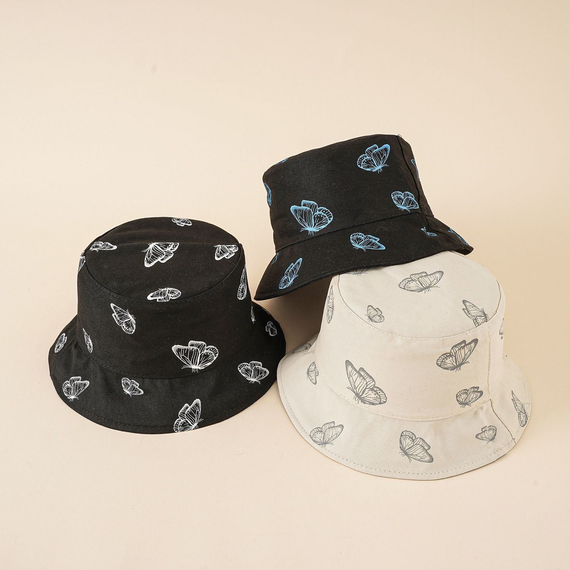 New butterfly print fisherman hat female summer Korean version fashion double-sided pot hat sun hat tide Doba